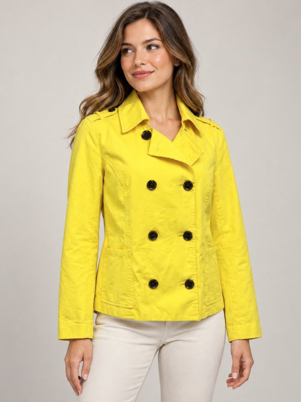 Old Navy Large Yellow Cotton Double Breasted Short Trench Jacket Coat Lined